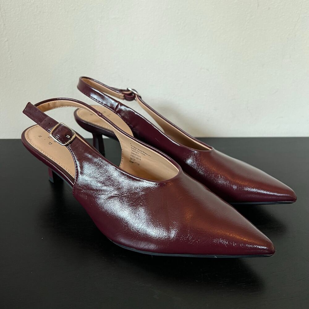 A New Day Samantha Burgundy Patent Pointed Toe Slingback Kitten Heels 6